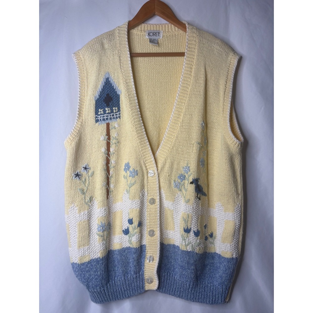 Koret Vintage Birdhouse Garden Knit Sweater Vest Yellow Blue Plus 1X Cottagecore